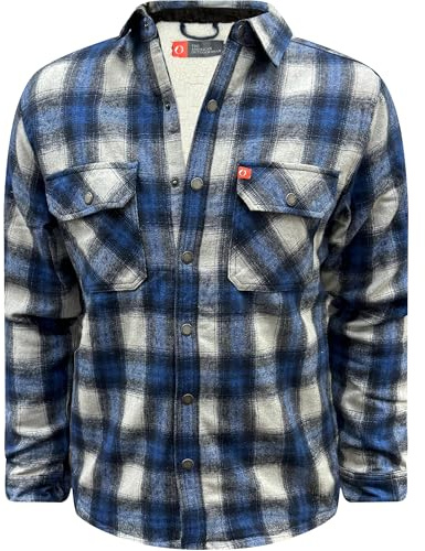 WJL WHISPERING JONES LONDON Mens Sherpa Fleece Lined Lumberjack Padded Shirt Jacket Button Down, Blue Sherpa, M 44”