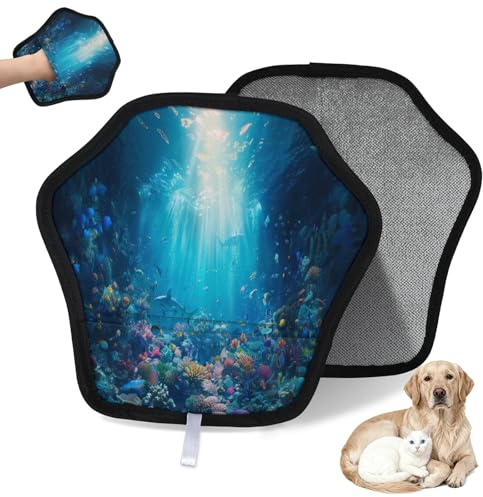WowPrint Ocean Underwater Coral Gant d'épilation de poils d'animaux pour chat et chien Gants électrostatiques réutilisables Brosse pour canapé, vêtements, tapis, meubles, siège de voiture
