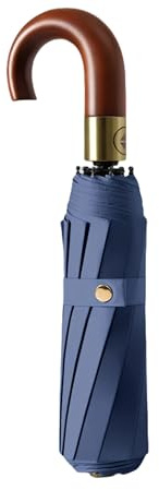 Luxurious Travel Folding Umbrella with Crook Real Wooden J Handle for Men/Portable /Automatic Open/Close Coating Layer Fabric Blocking/Rain Sun/Anti UPF 50 UV Protection 99.9%/Golf/Car Backpack