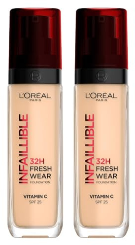 L'Oréal Paris DOUBLE Infallible 32H Fresh Wear Foundation, Full-coverage, Longwear, Weightless Smooth Finish, Water-proof and Transfer-proof, with Vitamin C + SPF 25, 100 Linen