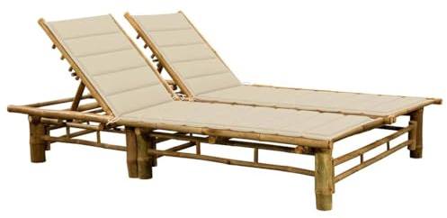 Owoxanthellate 2-Person Outdoor Chaise Lounge Beige Bamboo Frame 78.7 L x 51.2 W Adjustable Backrest Pool Patio Sun Lounger for Garden Deck Balcony and Poolside