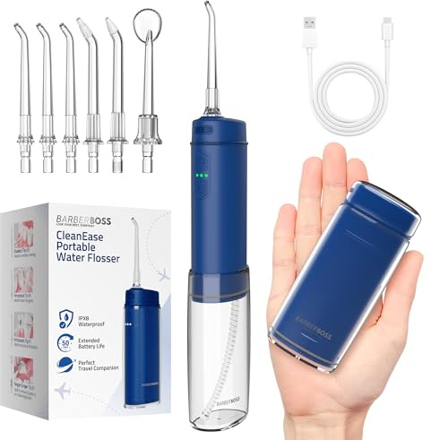 BarberBoss ficktandtråd, bärbar munsköljare för tänder, 6 utbytbara spetsar och USB-C-uppladdningsbar design, resevattenflosser med 3 trycklägen, QR-7116 (marinblå)