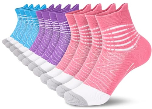 IRAMY Calcetines de compresión para correr con soporte de tobillo para mujeres y hombres, entrenador, Coolmax, 3 pares de calcetines acolchados atléticos para fascitis plantar, Rosa, morado y azul