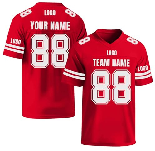 Personalisiertes American Football Trikot für Herren Damen Bedruckt mit Name Nummer & Logo Herren Sport-T-Shirt rot