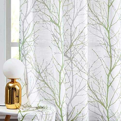 Fmfunctex Green Semi Sheer Curtains for Living Room 90 Drop Grey Voile Curtains for Bedroom Tree Branch Eyelet Curtain Linen Textured Light Filtering Window Curtain Drapes for Dining Room 2 Panels