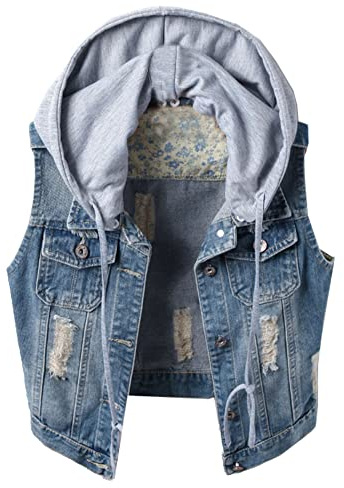 Kedera Women's Distressed Sleeveless Denim Vest with Detachable Hoodie (E-Blue, Small)