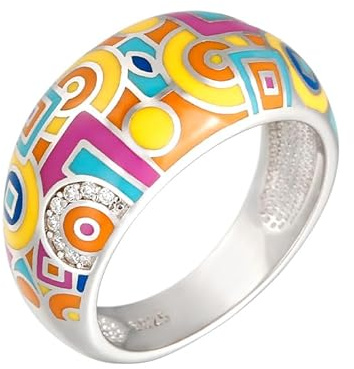 Jeulia Damen Sterling Silber Ring Mehrfarbig Emaille Blumen Geometrisch Diamant Band Ring für Frauen Mädchen Breiter Ring Party Schmuck Personalisierte Anniversary Geschenk (62（19.8）, Geometric)
