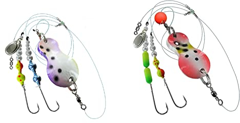 Set 2 Stück Buttlöffel von Jenzi,Plattfisch Blinker montiert 100 Gramm weiß/lila/Punkte, rot/weiß/Punkte + gratis Petri Heil! Aufkleber