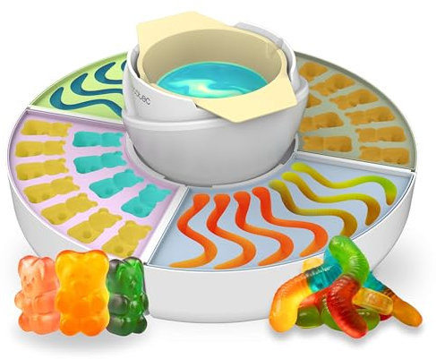Cecotec Máquina de Hacer Golosinas Fondue de Chocolate Gummy Maker Fun&Sugar Gummy. 2 en 1, 40 W, 4 Moldes de Silicona, 4 Bandejas Desmontables, Diseño Compacto, Fácil de Limpiar