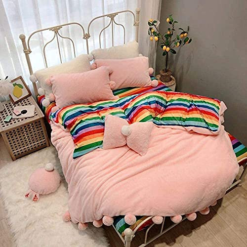 VIROYA Linge de lit Chaud d'hiver en Flanelle, Nouveau Rose Gris Blanc Sept Arc-en-Ciel Hiver Chaud Flanelle Velours Polaire Princesse Fille Ensemble de literie Housse de Couette Drap de lit taies