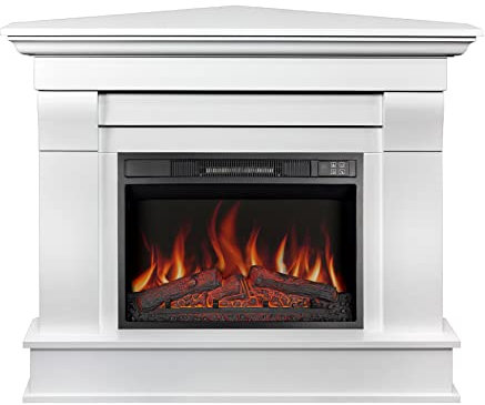 ArtiFlame Camino elettrico ad angolo in piedi con riscaldamento ALBION AF23S LED BIANCO con suono, 12 modalità di riscaldamento, timer, effetto fiamma reale, 3 livelli di luminosità, telecomando