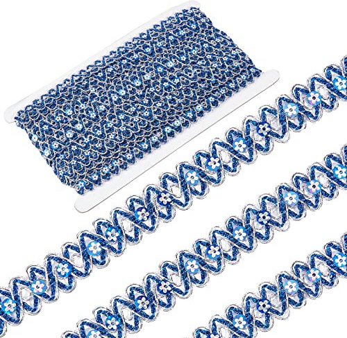 GORGECRAFT 14.2Yds Blue Sparkle Trim Sequin Ribbon Ondulado Paillette Lace Trims Flower Sparkle Lace Trimming Starlight Trim Bobina Metálica Glitter Trenza Trim para Costura Navidad Vestido Tela