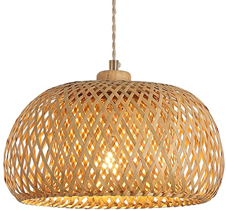 Hchunqjor Bamboo Pendant Light Fixture One-Light Adjustable Boho Basket Handmade Woven Pendant Lighting for Kitchen Island Sink Farmhouse Dining Room