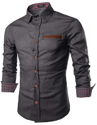 COOFANDY Men's Shirts Long Sleeve Denim Shirt Casual Dress Shirt Slim Fit Button Down Cotton Cowboy Shirts with Plaid Collar Grey M
