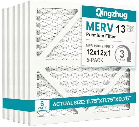 12x12x1 MERV 13 (6-Pack) Pleated Air Filter (Actual Size: 11.69 x 11.69 x 0.75) MPR 1900 & FPR 10, Furnace Air Filters