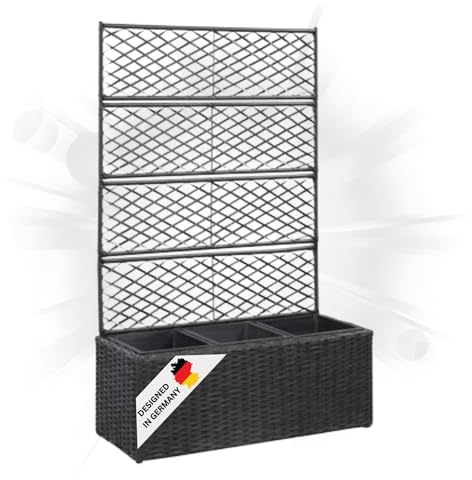 DELUKE Rankkasten Pflanzgefäß ELOT aus Rattan Schwarz | 3 Töpfe | 83x30x130cm | Hochbeet mit Rankgitter Pflanzkasten Balkon Terrasse Blumenkasten Pflanzkübel mit Rankhilfe