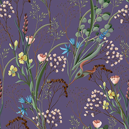 VEELIKE Tapete Blumen Lila Wildblumen Blumentapete Vintage Tapete Selbstklebend Blumen Violett Fototapete Blumen Klebefolie Muster Tapeten Schlafzimmer Schrankpapier Wohnzimmer Möbel 44.5cm×300cmm