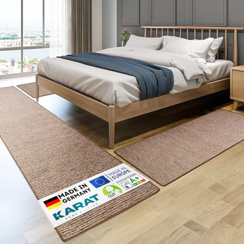 KARAT Bettvorleger - 3-teiliges Set - Moderne Bettumrandung in Hellbraun - Teppich Läufer für Schlafzimmer Wohnzimmer - Flauschiger Teppichläufer Geneva (B: 67 cm | L: 1 x 250 cm + 2 x 140 cm)