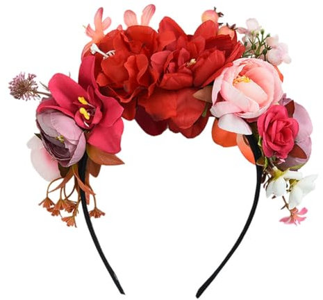 Diadema de flores de estilo bohemio, corona de flores, accesorio para el pelo de hadas, diadema de flores rojas para mujer
