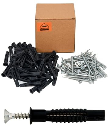 Netzerkoz - Juego de 100 tornillos y tacos para madera con cabeza avellanada en cruz, 50 unidades de 5 x 60 cm con 50 tacos de 8 mm, tornillos para aglomerado y tacos de ladrillo negro