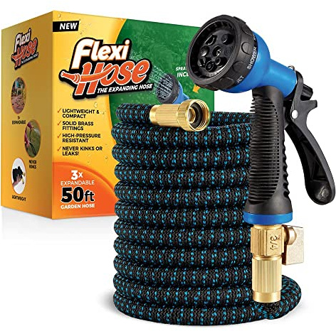 Flexi Hose with 8 Function Nozzle, 50FT - Lightweight Expandable Garden Hose, No-Kink Flexibility, 3/4 Inch Solid Brass Fittings and Double Latex Core