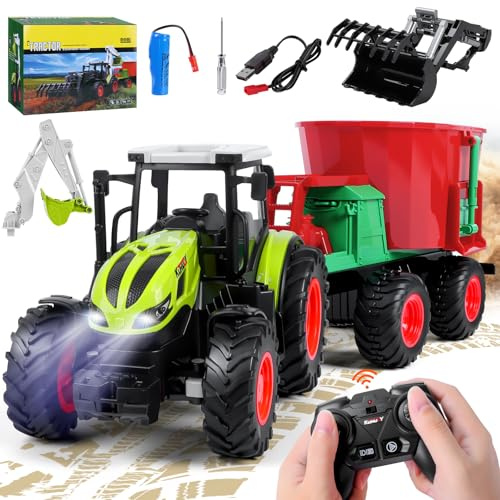 Charmofun RC Trattore Telecomandato per Bambini, Trattore Radiocomandato Giocattolo con Betoniera e Luci, 2.4GHz Trattori Telecomandato con Rimorchio, Bambini dai 3 4 5 6 Anni in su