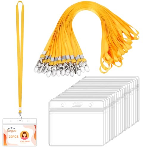 Segus Porta Tarjetas, 20 Piezas Lanyard con Funda Tarjeta Identificación, Acreditaciones Colgantes Impermeable, para Oficina, Escuela, Negocios, Ferias (Amarillo, Horizontal)
