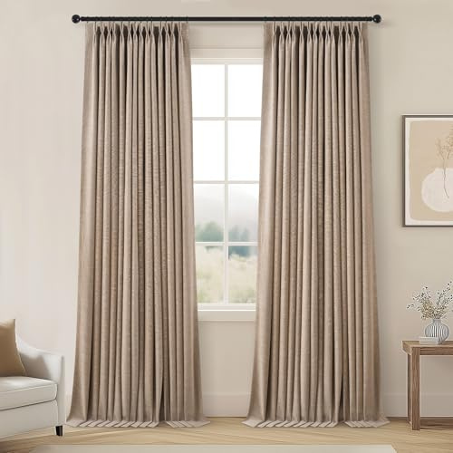 Topfinel Pinch Pleat 100% Blackout Curtains 84 Inch Length 2 Panels Set, Dark Linen Room Darkening Soundproof Curtains for Bedroom Living Room Track System, Drapes Farmhouse Back Tab/Rings/Hooks