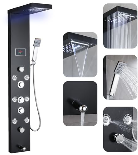 RUITHOE Rainfall Shower Tower System, LCD Temperature Display Shower Panels, Matte Black 304 Stainless Steel with Handheld Massage Body Jets Bathroom Waterfall Bathtub