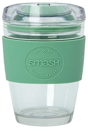 Smash Glass Coffee Cup 350ml / 8oz – Sage | Reusable Borosilicate Glass Cup with Protective Silicone Sleeve, Splash-Proof Lid, Barista Friendly