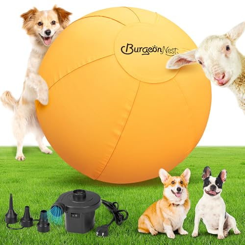BurgeonNest 18'' Herding Ball for Dogs with Electric Air Pump for Quick Inflation, Outdoor Dog/Horse Toys for Small/Medium Breeds, Training Ball for Australian Shepherds, Border Collies-Yellow