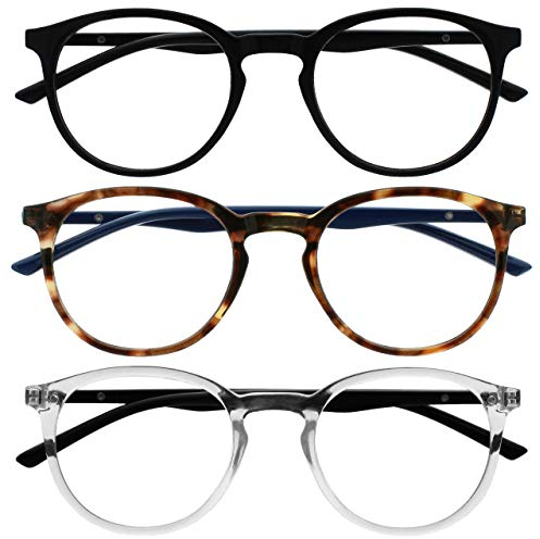 OPULIZE MET Blaulichtfilter Lesebrille für Damen Herren - 3er-Pack - Runder Brille - Blendfreie UV400-Schutz - Federscharniere - Anti-Müdigkeit - Schwarz Braun Schildpatt Klar +1.00