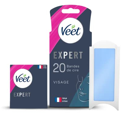Veet EXPERT - 20 strisce di cera fredda per il viso, pelli sensibili, finitura perfetta, depilazione a lunga durata