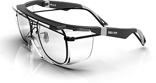 DEX FIT Safety Over Glasses SG210 OTG; Fit Over Your Eyewear, Z87 Eye Protection, Fog & Scratch Resistant, Adjustable for Women & Men, UV Protective (Black & Grey Frame, Clear Lens)