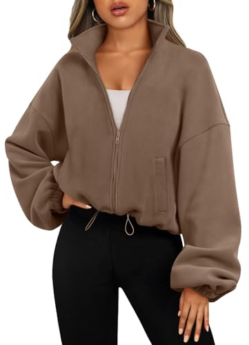 AUTOMET, Giacche in pile da donna con cerniera oversize, felpe invernali a maniche lunghe coperte, abiti autunnali alla moda in pile, Caffè, Medium
