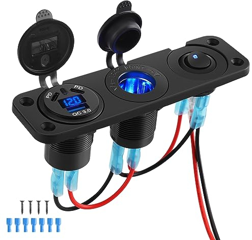 Thlevel 12V Auto USB C Steckdose Zigarettenanzünder Dual 45W PD und 18W QC3.0 mit Digital Voltmeter und Unabhängiger Schalter für 12V-24V LKW KFZ Wohnwagen Motorrad Boot