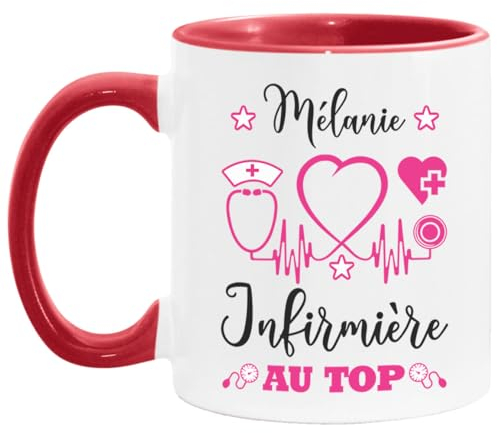 Lalasol Mug Infirmière Au Top Personnalisé – Tasse Infirmière Prénom Cadeau Pour Femme Collègue Départ Travail ou Ami Famille Anniversaire Noël (Rouge/Blanc)