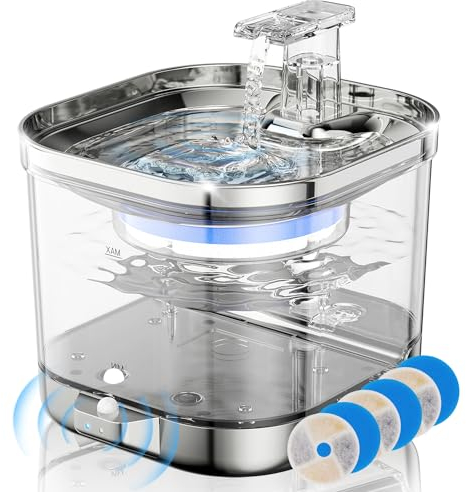 Baoduu Katzenbrunnen, Drahtlose Wasserpumpe Ultraleise 2L Sichtbarer Wasserstand 5000mAh Bewegungsmelder Trinkbrunnen für Katze Kabellos, Katzentrinkbrunnen für Katzen Tablett aus Edelstahl, 4 Filter