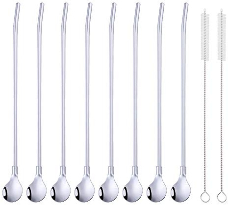 SBOMHS Cucchiaio riutilizzabile in acciaio inox 18/8, 8 cucchiaini con 2 spazzole, per cocktail, latte macchiato, 21,5 cm (argento)