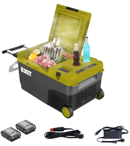 EXIT 20V Outdoor mini refrigerator EX100, battery powered electric cooler -4°F to 68°F, 12/24V DC 100~240 Volt AC for Outside Camping, Tailgating, Includes two Replaceable 4.0 Ah Batteries