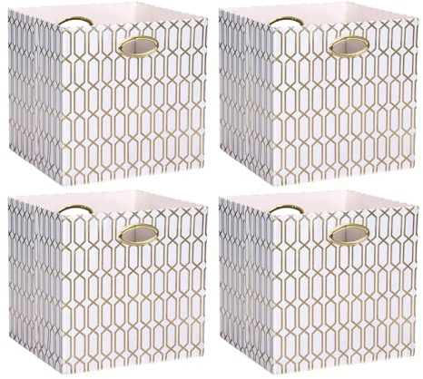 ArcaGuru Cube Storage Bins, Collapsible Storage Bins Fabric Storage Cubes Organizer Baskets Box Drawers for Shelves, Closet, Wardrobe, Bookshelf, Cabinet, 28 x 28 x 28cm, 4 Pack, White/Shiny Gold