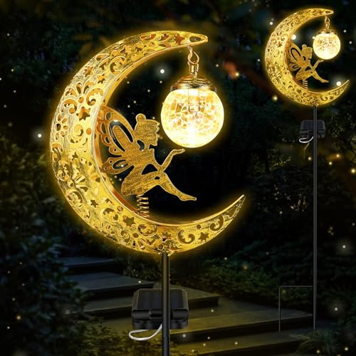 pyntop Solar Lights Outdoor Garden Ornaments, Solar Powered Fairy Moon Lamp Waterproof, Vintage Metal Moon Star Crackle Glass Ball LED Stake Lights Decorative for Balcony Lawn Patio Pathway Grave