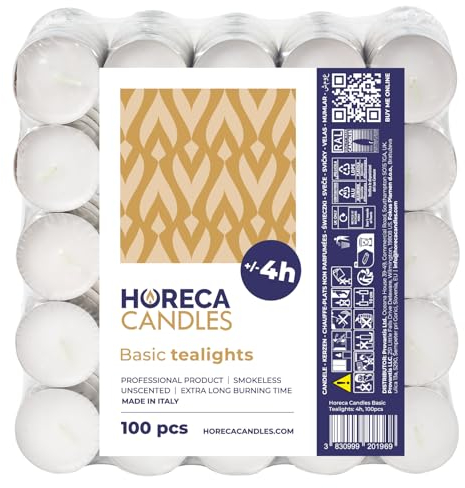 Horeca Candles - Teelichter mit 4 Stunden Brenndauer - 100 Stück, Weiß - Ohne Duft - Paraffinwachs - Hochzeit, Dekorieren, Feiern, Entspannen, Party