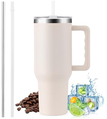 PRAOAHEI 40oz/1180 ML Thermobecher mit Strohhalm und Henkel Kaffeebecher to Go, Auslaufsicher Trinkbecher mit Deckel, Doppelwandiger Edelstahl Kalte Heiße Vakuum Becher Thermo Cremeweiß