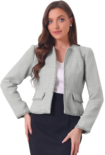 Allegra K Blazer de tweed a cuadros para mujer, chaqueta corta de manga larga con frente abierto, para el trabajo y la oficina, gris, M