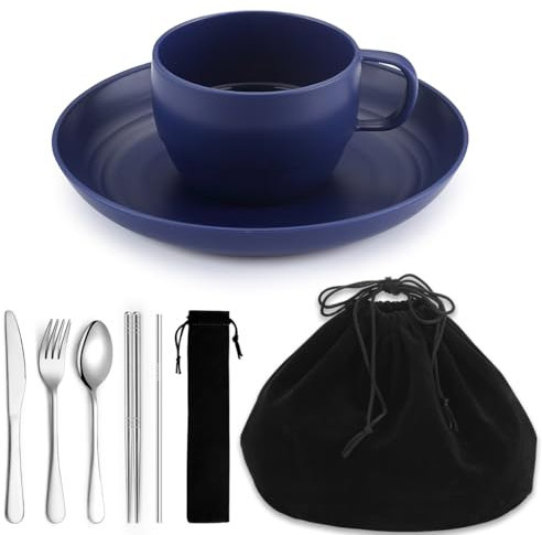 Camping Essentials set, Homquen Assiettes et bols de Camping Set, tasse à café, ensemble de vaisselle de voyage avec cuillère, fourchette, couteau de travail, extérieur, pique - nique, camping（Bleu）