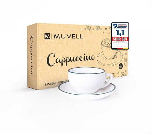 MUVELL 6 tazas de capuchino de 200 ml, color blanco y verde, estilo italiano, paredes extragruesas de 8 mm y acabado pesado, apto para lavavajillas, juego de capuchino de 12 piezas con platillos, set