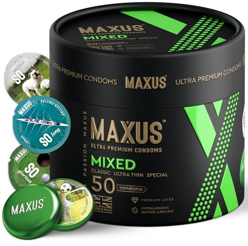 MAXUS Mixed, 50 Lubricated Condoms for Men: Ultra-Thin, Classic, Dotted & Ribbed, Regular Fit, Natural Latex, Easy-On Shape, Premium Quality, Includes Stylish Metal Case, Pack of 50