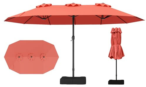 RELAX4LIFE Grand Parasol Double avec Pied 4,7M, Grand Parasol de Jardin Extérieur avec Manivelle, 12 Baleines, Base Croix, Sacs de Sable, Ventilé, Protection Solaire pour Terrasse Marché (Orange)