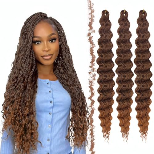 FESHFEN Ocean Wave Crochet Hair extension - 3 Pezzi Estensioni Capelli per Treccine a Onde Ombre Marrone/Arancio Sintetici Ondulati Braiding Trecce Boho Posticci Extensions per Donne, 55 cm 4T30#